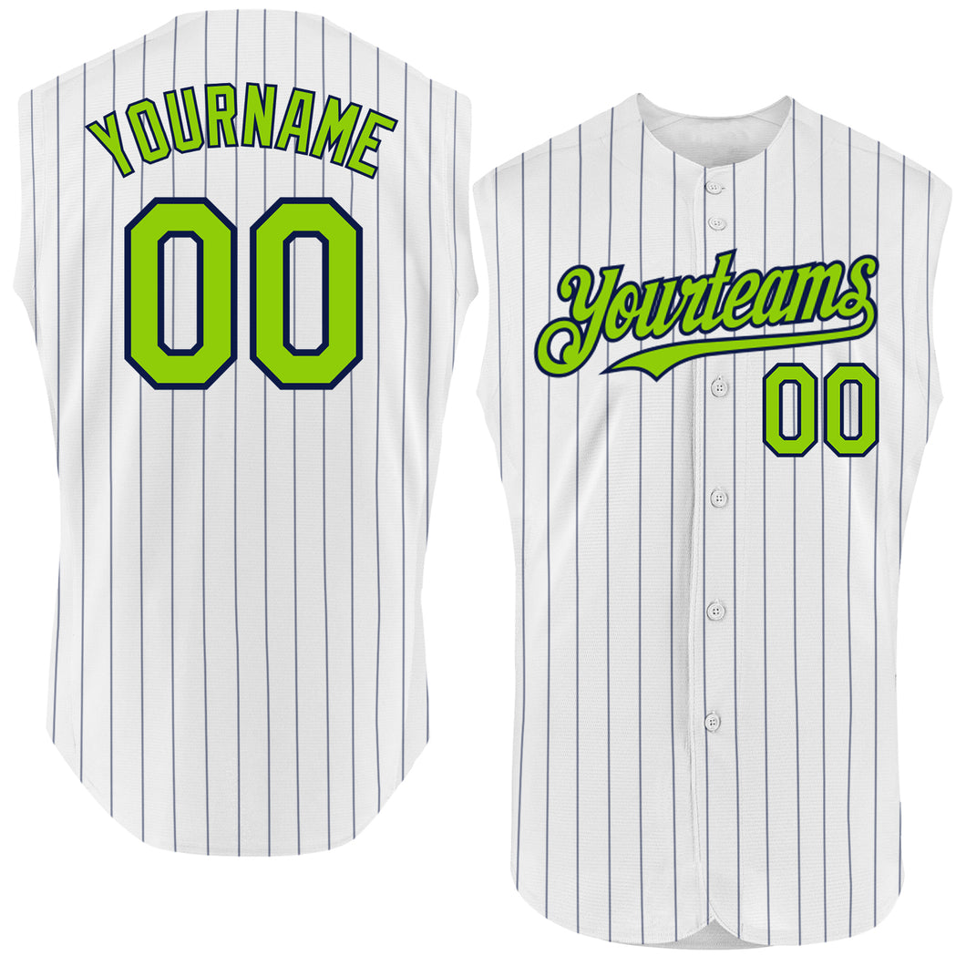 Custom White Navy Pinstripe Navy Authentic Sleeveless Baseball Jersey