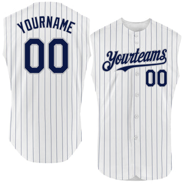 Custom White Navy Pinstripe Old Gold Authentic Sleeveless Baseball Jersey