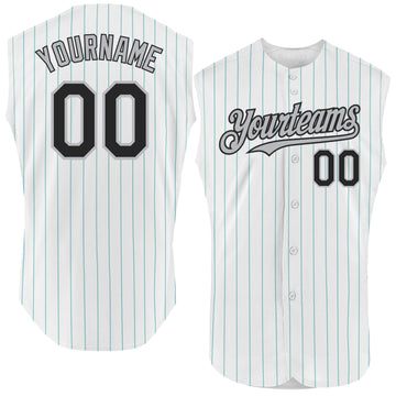 Custom White Teal Pinstripe Black Authentic Sleeveless Baseball Jersey