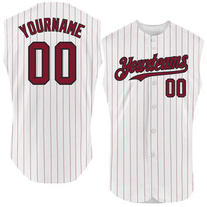 Custom White Crimson Pinstripe Gold Authentic Sleeveless Baseball Jersey