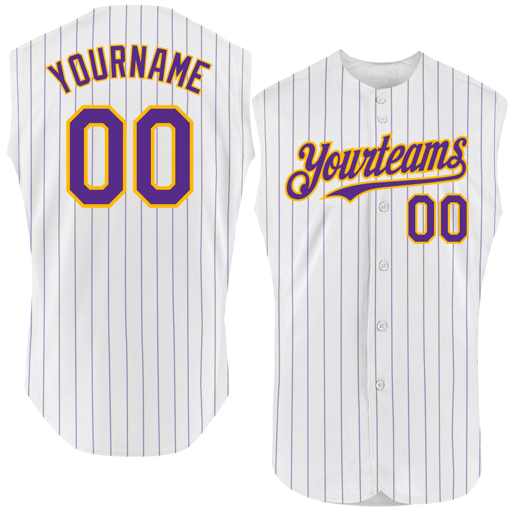 Custom White Purple Pinstripe Pink Authentic Sleeveless Baseball Jersey