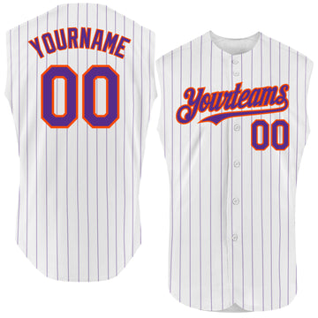 Custom White Purple Pinstripe Teal Authentic Sleeveless Baseball Jersey