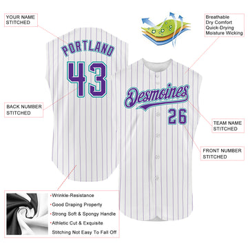 Custom White Purple Pinstripe Light Blue Authentic Sleeveless Baseball Jersey