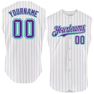 Custom White Purple Pinstripe Light Blue Authentic Sleeveless Baseball Jersey