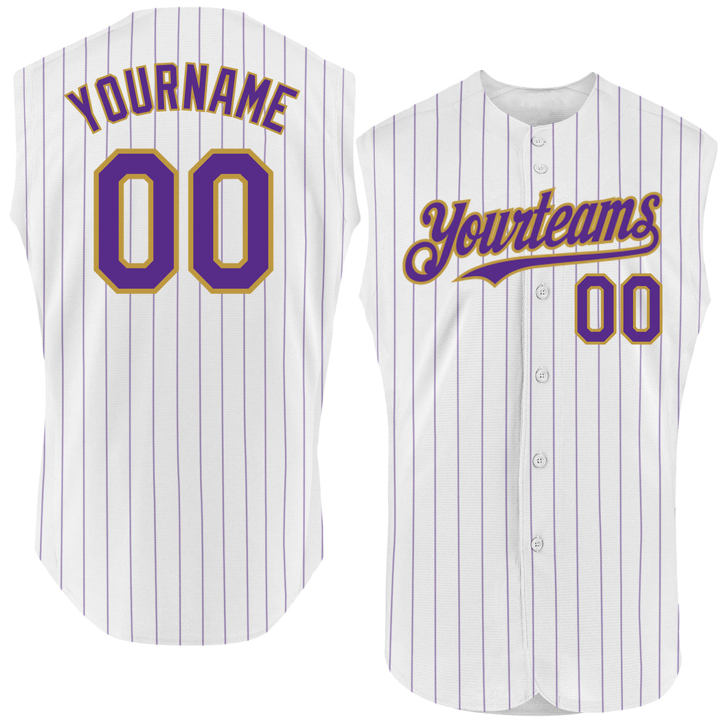 Custom White Purple Pinstripe Gray Authentic Sleeveless Baseball Jersey