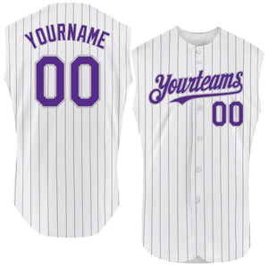 Custom White Purple Pinstripe Black-Gray Authentic Sleeveless Baseball Jersey