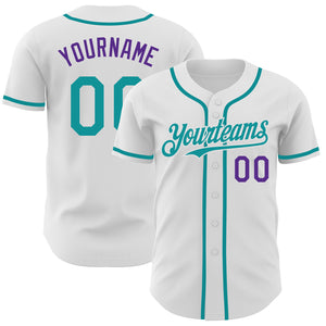 Custom White Teal-Purple Authentic Baseball Jersey