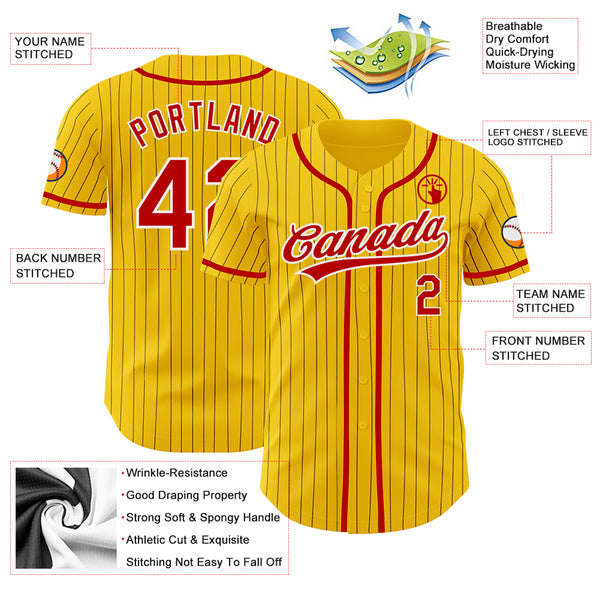 Custom Red White Pinstripe Yellow White Baseball Jerseys, Cute