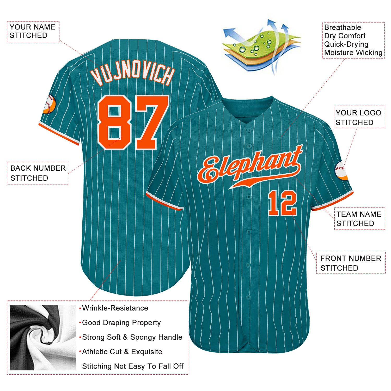 Custom Teal White Pinstripe Orange-White Authentic Baseball Jersey Discount