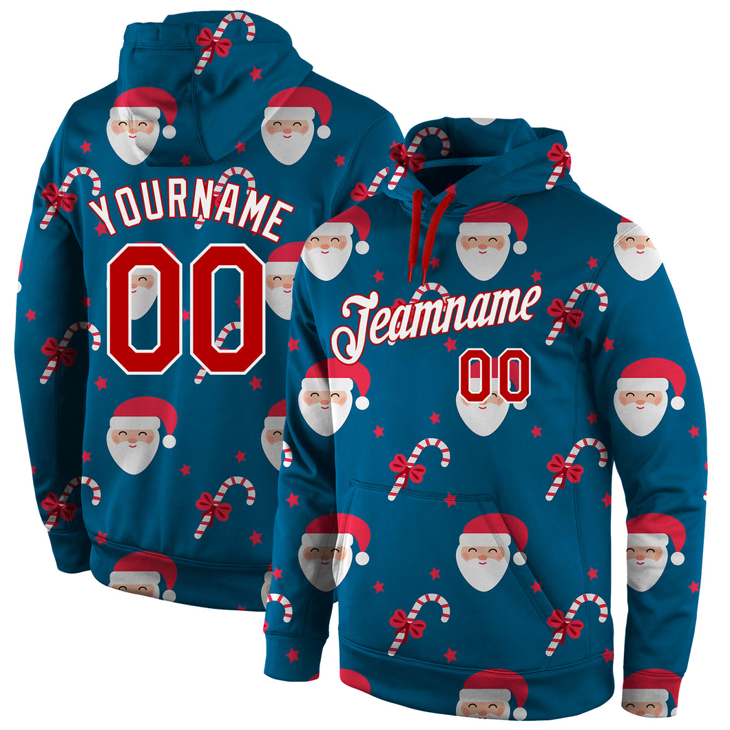 Custom Stitched Aqua Red-White Christmas 3D Sports Pullover Sweatshirt Hoodie