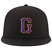 Laden Sie das Bild in den Galerie-Viewer, Custom Black Purple-Gold Stitched Adjustable Snapback Hat
