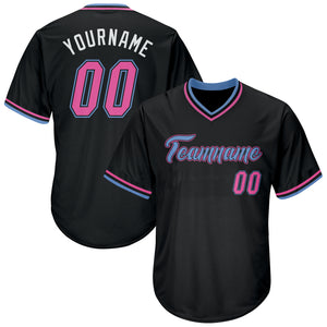 Custom Black Pink-Light Blue Authentic Throwback Rib-Knit Baseball Jersey Shirt