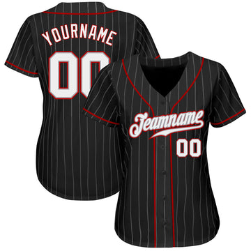 Custom Black Gray Pinstripe White-Red Authentic Baseball Jersey