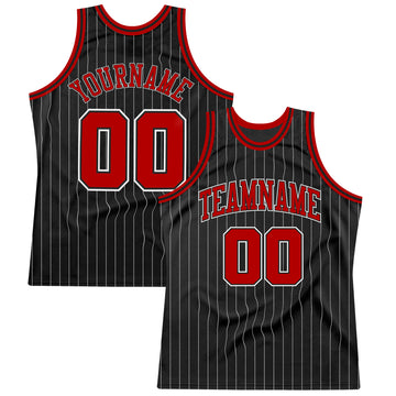 Custom Black White Pinstripe Red-White Authentic Basketball Jersey