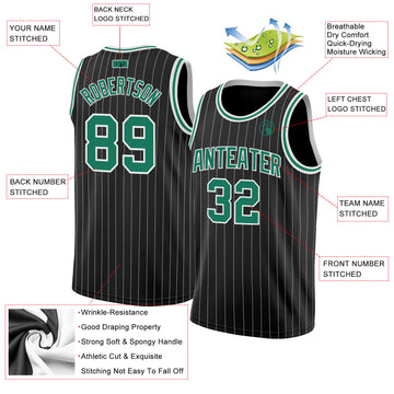 Custom Black White Pinstripe Kelly Green-White Authentic Basketball Jersey