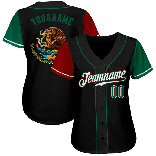 Custom Black Kelly Green-Red Authentic Mexico Baseball Jersey Women's Size:3XL