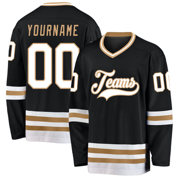 Custom Black White-Old Gold Hockey Jersey