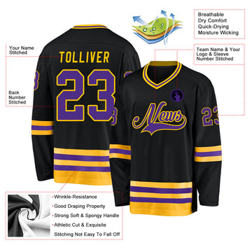 Custom Black Purple-Gold Hockey Jersey