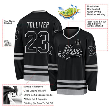 Custom Black Black-Gray Hockey Jersey