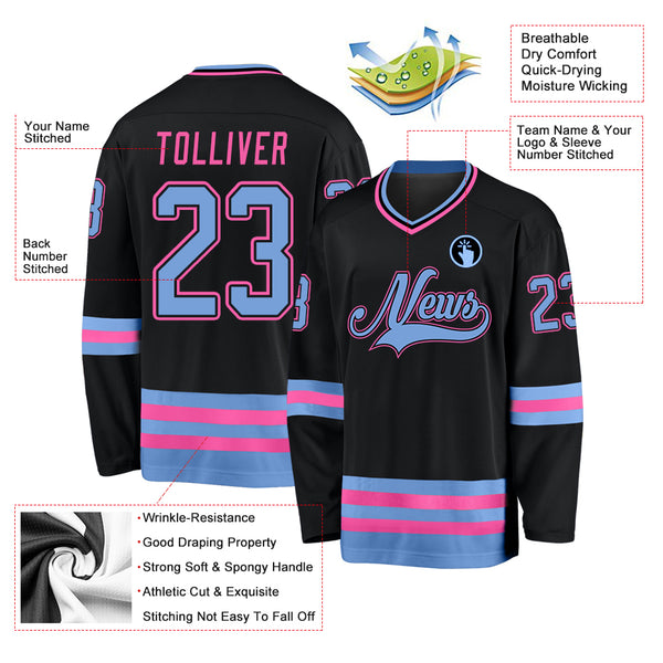 Cheap Custom Black Light Blue-Pink Hockey Jersey Free Shipping