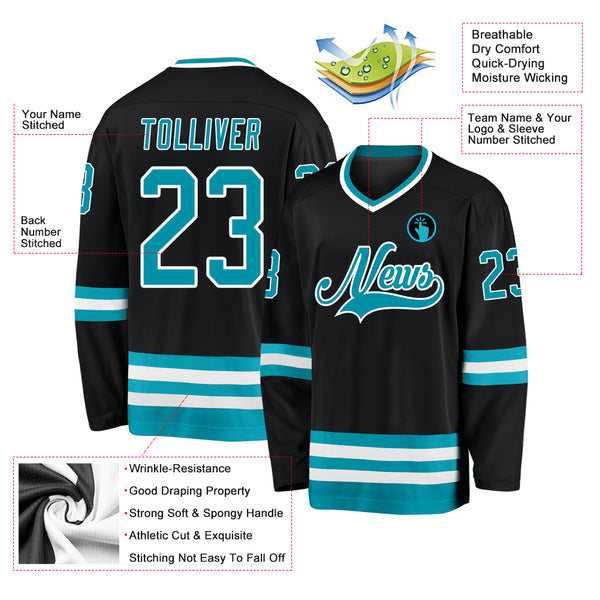 Cheap Custom Black Teal-White Hockey Jersey Free Shipping