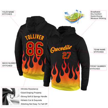 Custom Stitched Black Red-Gold 3D Pattern Design Flame Sports Pullover Sweatshirt Hoodie