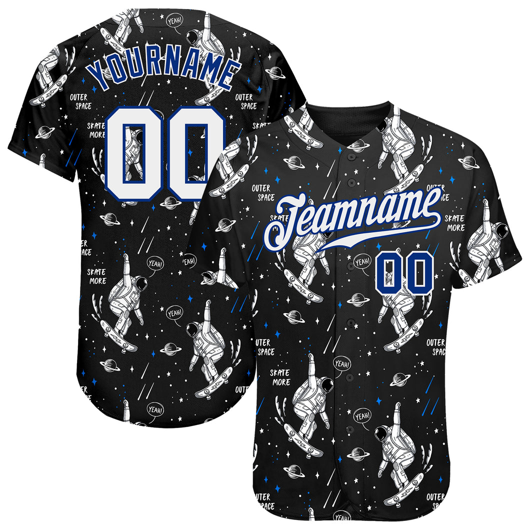 Custom Black White-Royal 3D Pattern Design Astronaut Authentic Baseball Jersey