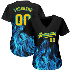 Custom Black Gold-Teal 3D Pattern Design Flame Authentic Baseball Jersey