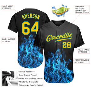 Custom Black Gold-Teal 3D Pattern Design Flame Authentic Baseball Jersey