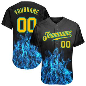 Custom Black Gold-Teal 3D Pattern Design Flame Authentic Baseball Jersey