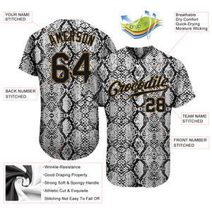 Custom Black Snakeskin Black-Old Gold 3D Pattern Design Authentic Baseball Jersey