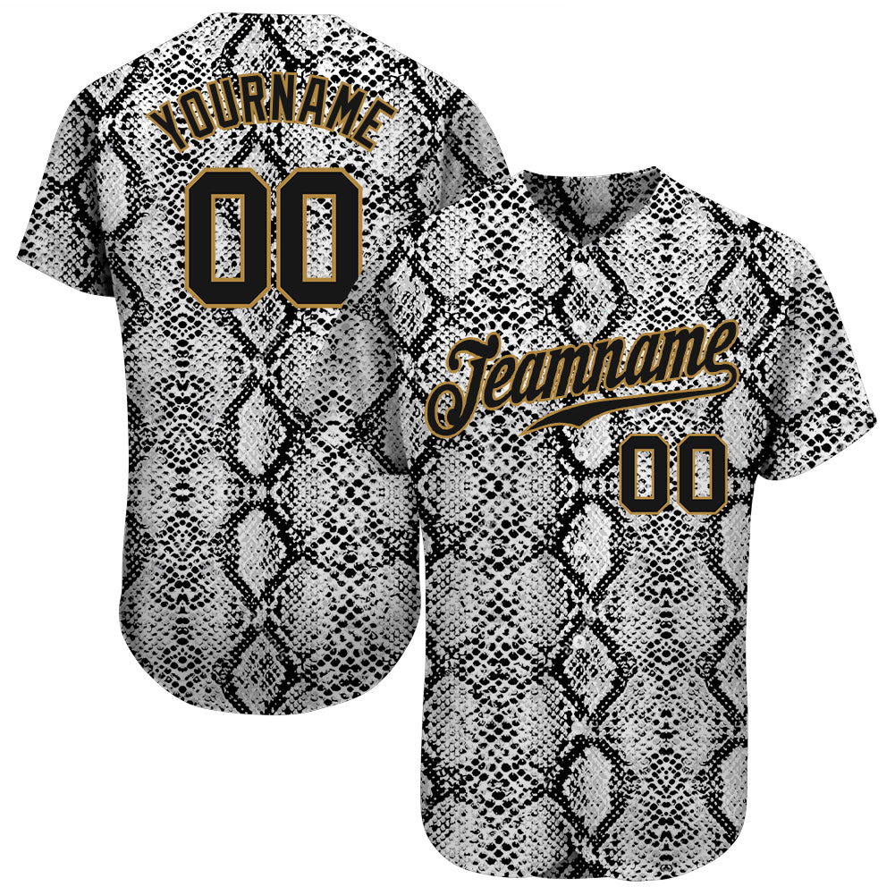 Custom Black Snakeskin Black-Old Gold 3D Pattern Design Authentic Baseball Jersey