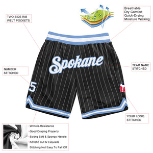 Custom Black White Pinstripe White-Light Blue Authentic Basketball Shorts