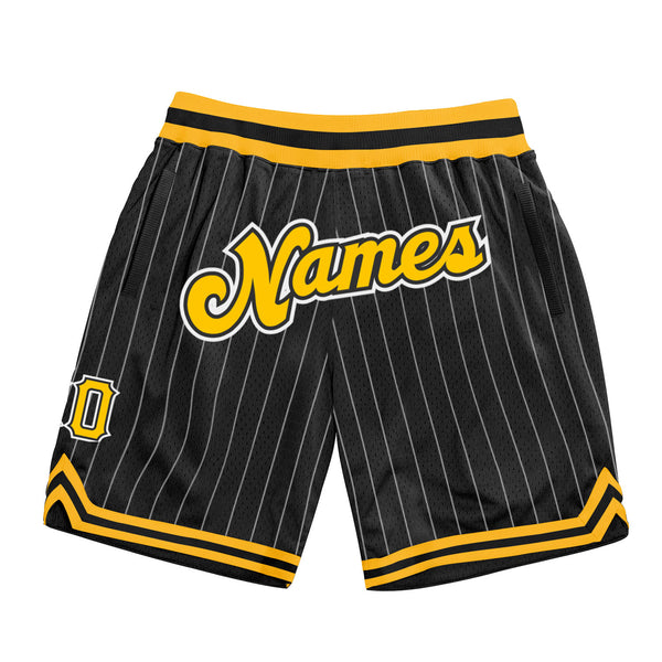 Cheap Custom Black White Pinstripe Gold White Authentic Basketball Shorts Free Shipping CustomJerseysPro