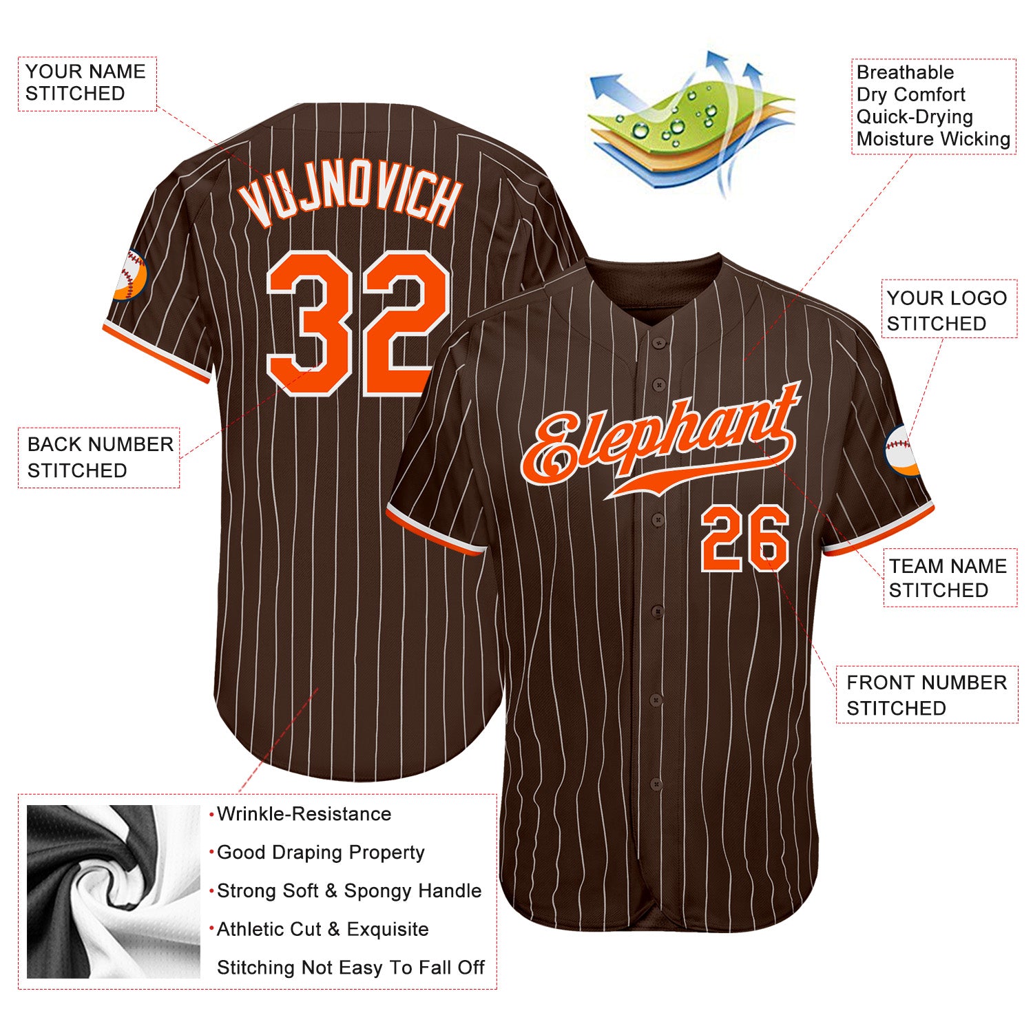 Custom Orange White Pinstripe Brown-White Authentic Baseball Jersey Discount