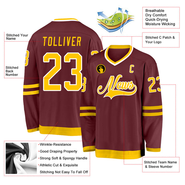 Custom Burgundy Gold-White Hockey Jersey in 2023  Hockey jersey, Custom  sportswear, Custom hockey jerseys