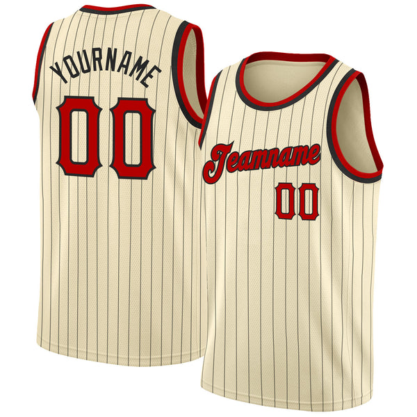 Custom Cream Black Pinstripe Red-Black Authentic Basketball Jersey