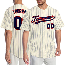 Load image into Gallery viewer, Custom Cream Navy Pinstripe Navy-Red Authentic Baseball Jersey
