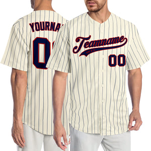 Custom Cream Navy Pinstripe Navy-Red Authentic Baseball Jersey