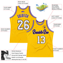 Загрузить изображение в средство просмотра галереи, Custom Gold White-Purple Authentic Throwback Basketball Jersey
