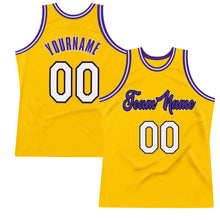 Загрузить изображение в средство просмотра галереи, Custom Gold White-Purple Authentic Throwback Basketball Jersey
