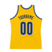 Load image into Gallery viewer, Custom Gold Navy-Light Blue Authentic Throwback Basketball Jersey
