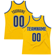 Load image into Gallery viewer, Custom Gold Navy-Light Blue Authentic Throwback Basketball Jersey
