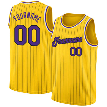 Custom Gold Black Pinstripe Purple-White Authentic Basketball Jersey