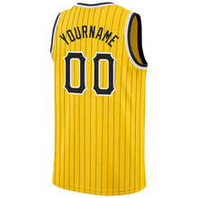 Laden Sie das Bild in den Galerie-Viewer, Custom Gold Black Pinstripe Black-White Authentic Basketball Jersey
