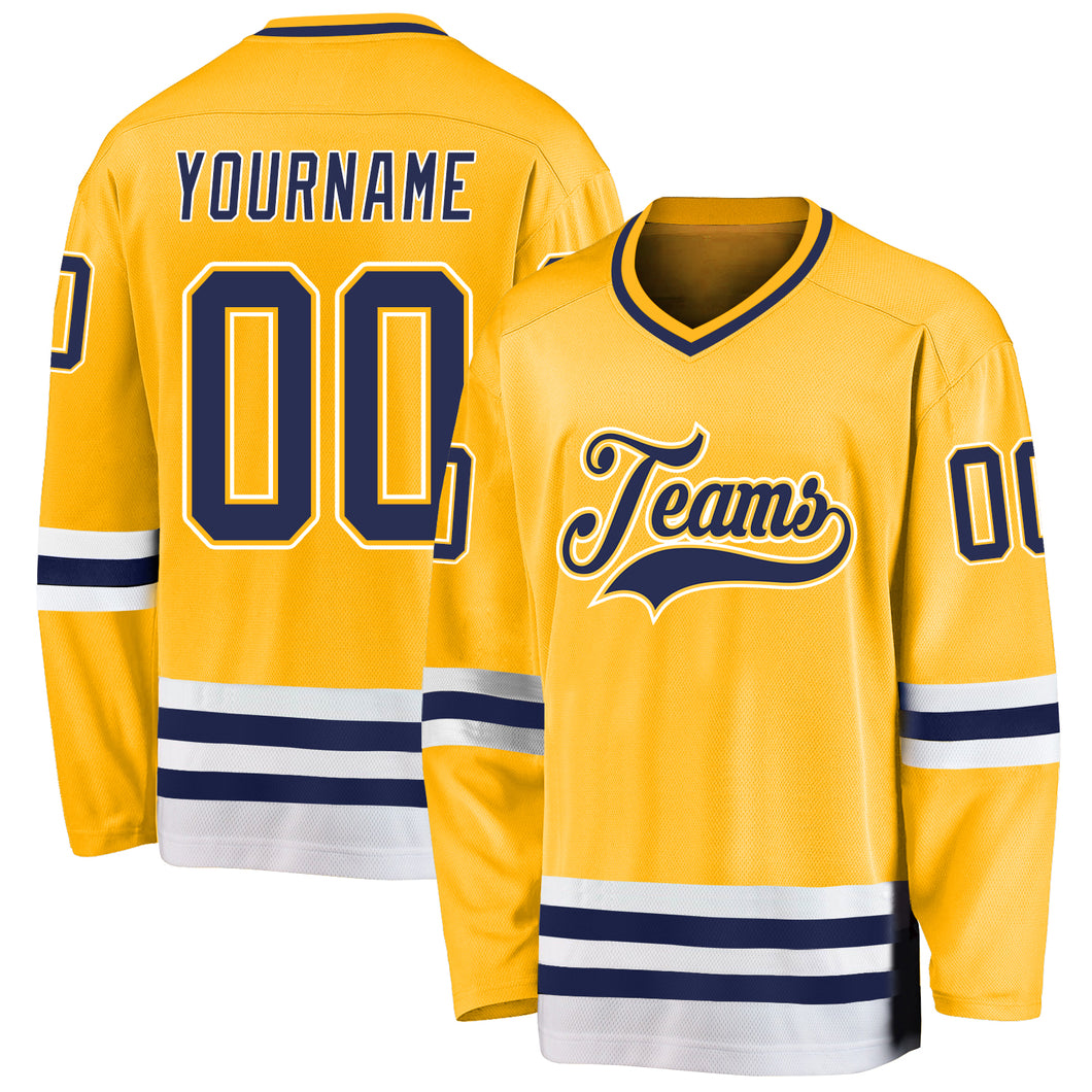 Custom Gold Navy-White Hockey Jersey