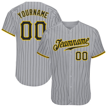 Custom Gray Black Pinstripe Black-Gold Authentic Baseball Jersey