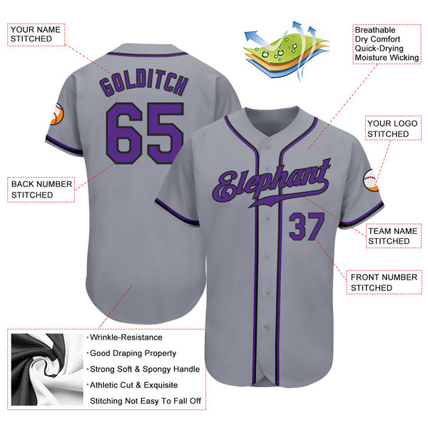 Custom Team Gray Baseball Authentic Purple Jersey Black