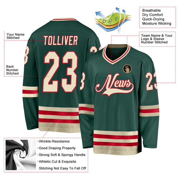 Cheap Custom Green Cream-Red Hockey Jersey Free Shipping