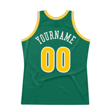 Laden Sie das Bild in den Galerie-Viewer, Custom Kelly Green Gold-White Authentic Throwback Basketball Jersey
